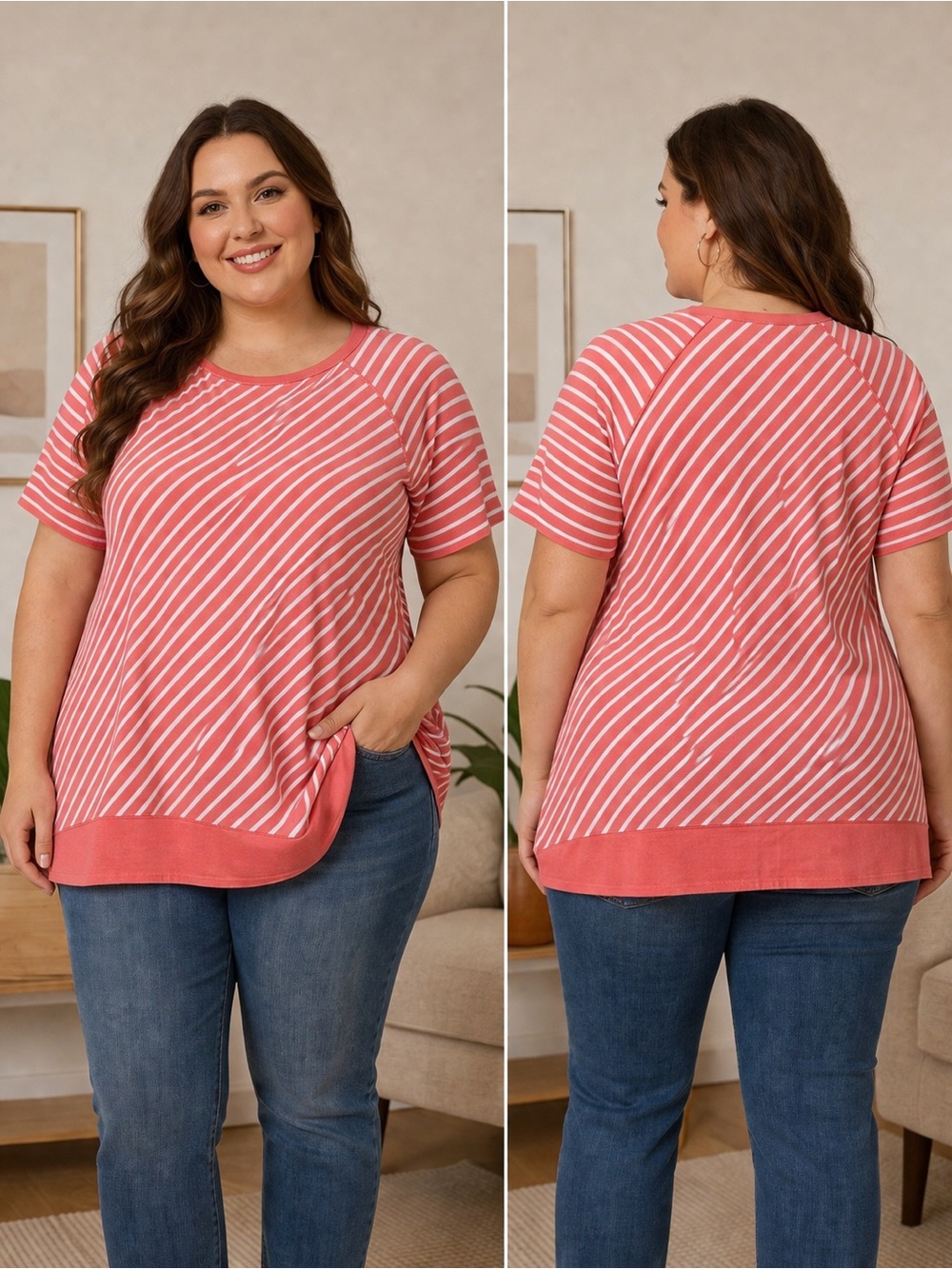 Calvin Klein Coral & White Striped Short Sleeve Tee